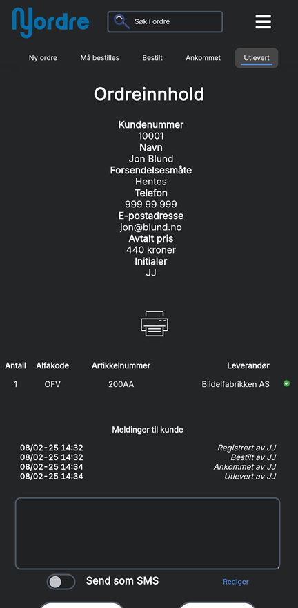 Ordreinnhold utlevert